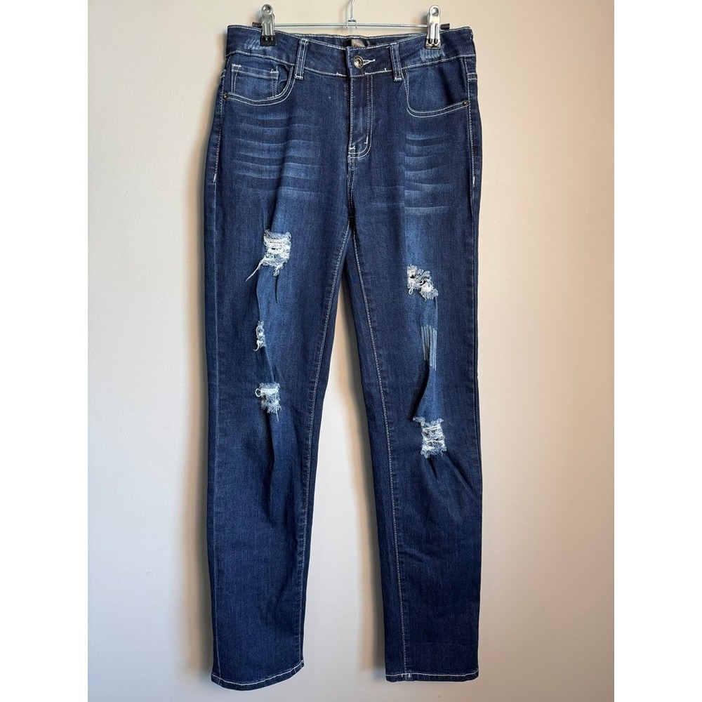 L&B Lucky & Blessed Boyfriend Jeans Womens 4 Dark Wash Distressed Casual Edgy